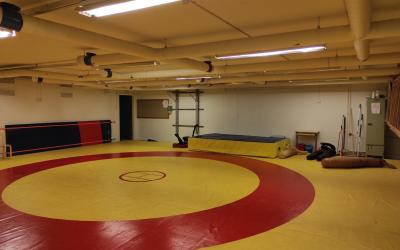 painisalin lattiassa keltaisella pohjalla punainen ympyrä