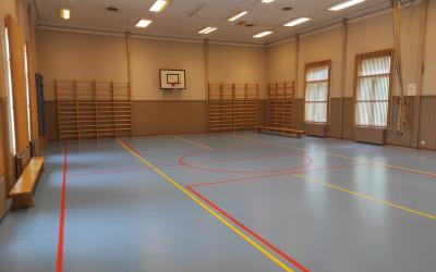 sininen salimatto, seinällä puolapuut ja koripalloteline