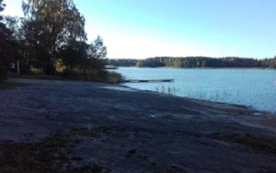 kallioranta, metsätaustalla reunalla siintää meri