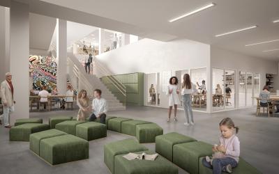 Havainnekuva Wintterin aulatilasta, jossa näkyy portaikko ja opetustiloja. Taustalla iso taideteos. Kuvassa on myös ihmisiä. 