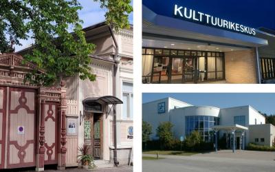 vanha vaaleanpunainen museotalo, kulttuurikeskuksen talo sekä uimahallin kuva ulkopuolelta