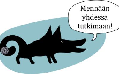 Piirroksenomainen koira ja sen vieressä puhekupla, jossa lukee: "Mennään yhdessä tutkimaan!".