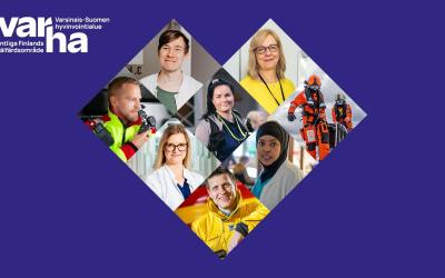 Varsinais-Suomen hyvinvointialue banneri, sosiaali- ja terveysalan henkilöstön kasvokuvia. 