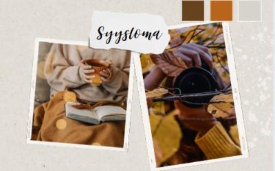 syyslomamainos, kuppi kädessä ja sylissä kirja, kameranlinssi lehtien takaa