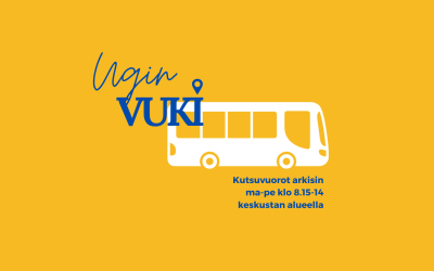 Ugin vuki, eli Uudenkaupungin joukkoliikenne, kuvassa logo sekä teksti: Kutsuvuorot arkisin ma-pe klo 8.15-14 keskustan alueella