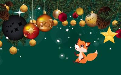 Joulukoristeita ja kettu vihreällä taustalla.