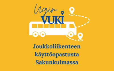 Joukkoliikenteen logo sekä teksti Joukkoliikenteen käyttöopastusta Sakunkulmassa