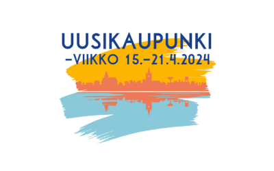 Koristeellinen kuva, jossa lukee "Uusikaupunki-viikko" ja päivämäärät. Tekstin taustalla Uudenkaupungin siluettia oranssin, punaisen ja turkoosin sävyin.