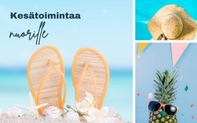 Kesätoimintaa nuorille. Kuvassa kesäisiä kuvia, kuten rantatossut hiekassa, kesähattu veden äärellä, ananas aurinkolasit päässä