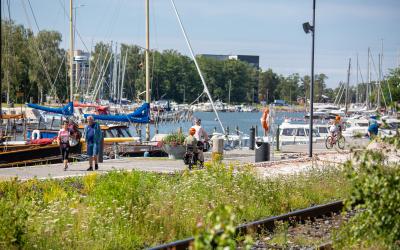 Kaupunginlahden rantaa kesällä, veneitä, ihmisiä, kukkia.