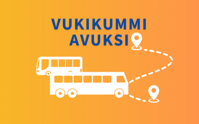 Kuvassa teksti Vukikummi avuksi ja kaksi piirettyä linja-autoa