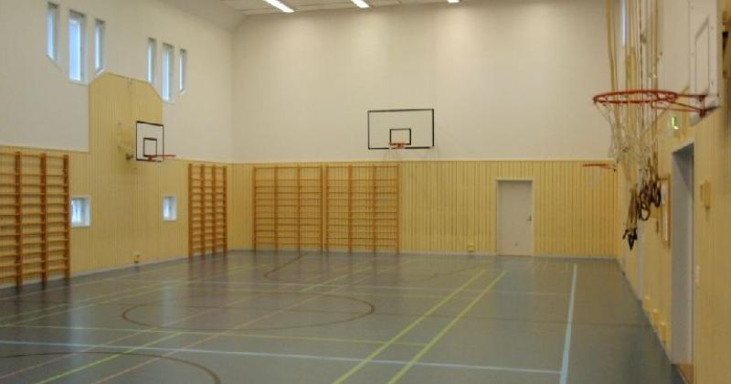 liikuntasalin yleiskuva, puolapuut seinällä