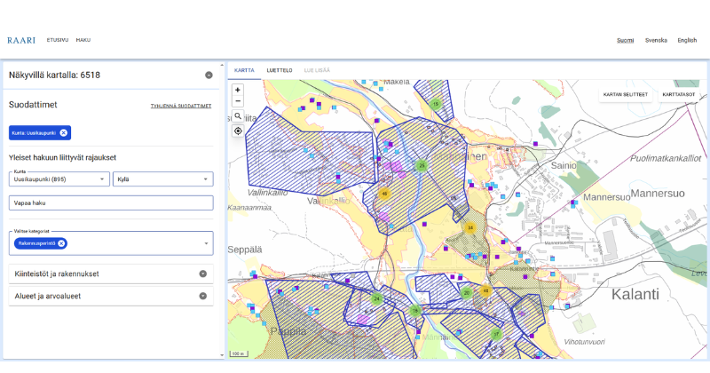 Kuvakappaus Raari-verkkosivun karttanäkymästä ja hakupalkista