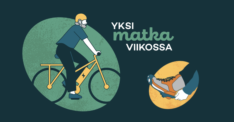 Yksi matka viikossa kampanjan ilmeellä tehty kuva. Kuvassa teksti yksi matka viikossa, sekä piirretty pyöräilijä ja nastakengän kuva