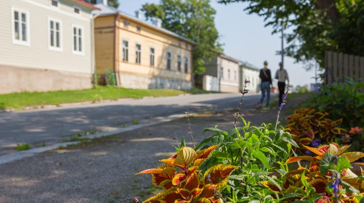 Tytöt kävelevät puutalokadulla, kukat etualalla.