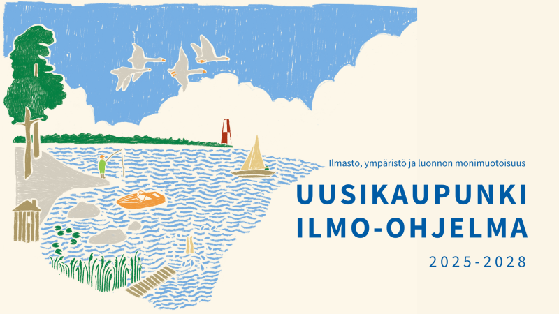 Kuvassa ilmo-ohjelman käsin piirretty kansilehti. Kuvassa on uusikaupunkilainen merimaisema, kallioineen, mäntyineen. Meren yli lentää joutsenia. Meressä moottorivene, purjevene ja uimari. Rannalla kalastaja.