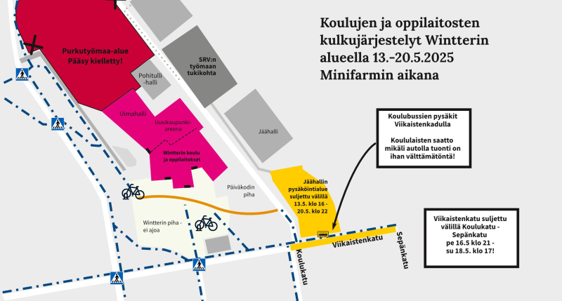 Kuva wintterin alueen pysäköintijärjestelyistä Minifarmi-messujen aikana. Sama sisältö kirjoitettuna uutisessa.
