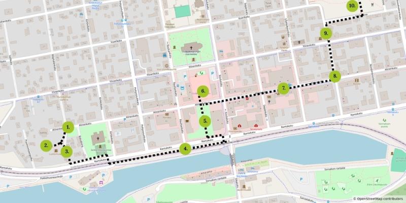 Uudenkaupungin keskustan maisemakävelyn reitti numeroituna