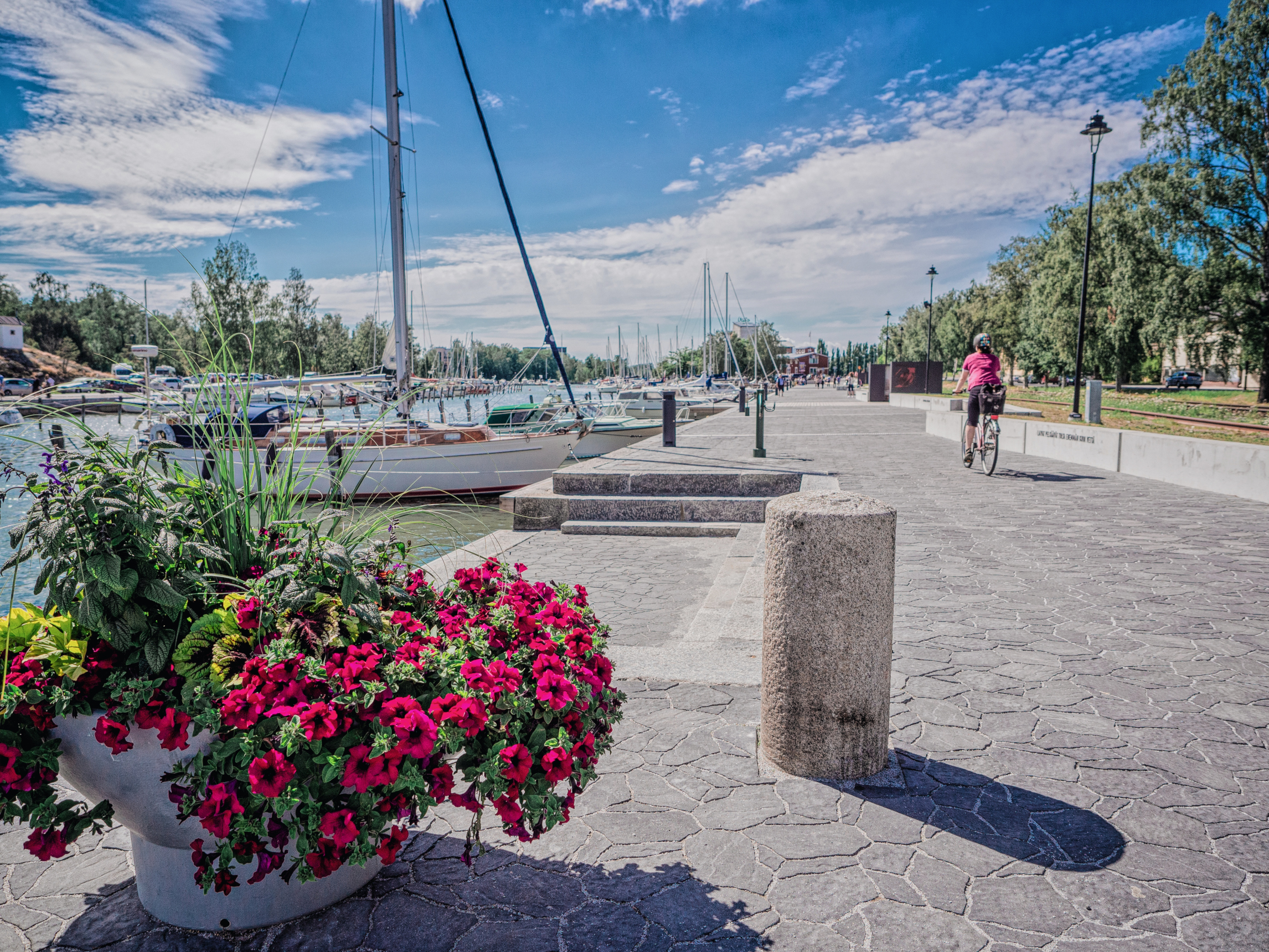 Kaupunginlahden rantaa ja pyöräilijä